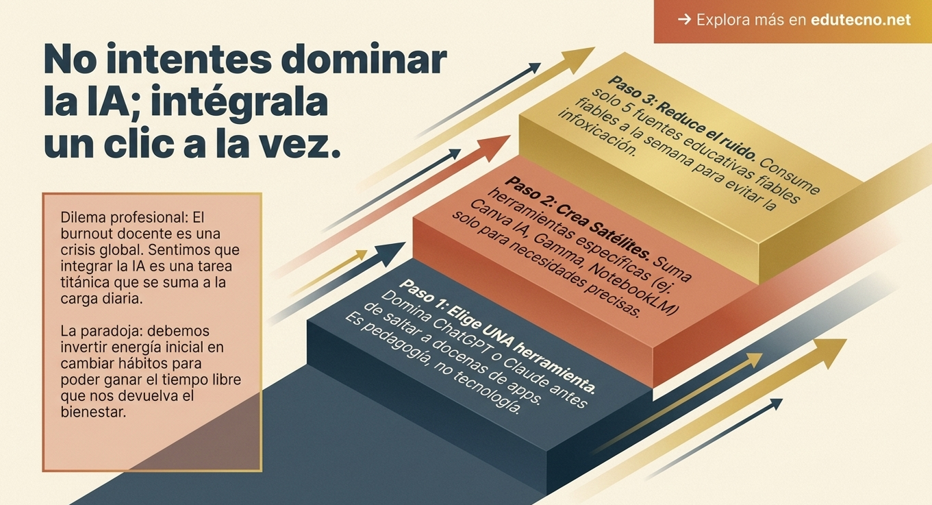 Ilustración con bloques de pasos de IA, flechas y texto motivacional sobre integrar la IA.