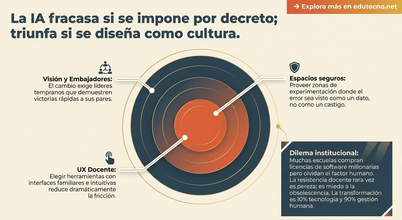 Ilustración con diana circular y texto sobre IA, visión, embajadores, espacios seguros y dilema institucional.