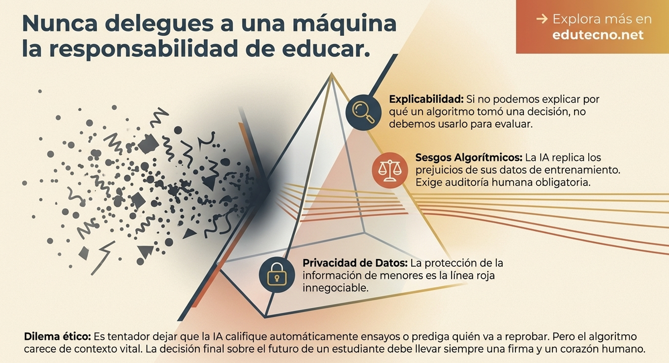 Ilustración educativa con triángulo de datos, íconos de lupa, balanza y candado, y texto sobre IA.