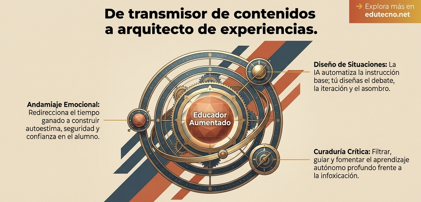 Ilustración con engranajes y reloj, texto sobre IA educativa y “Educador Aumentado” en fondo beige.