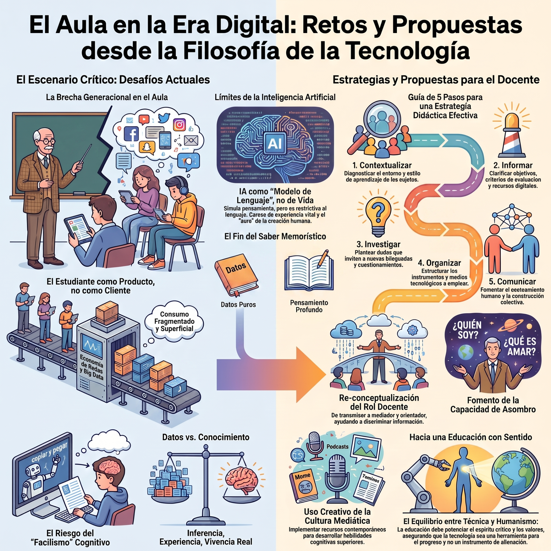 Infografía educativa sobre aula digital, filosofía tecnológica, inteligencia artificial y estrategias didácticas con ilustraciones y pasos.