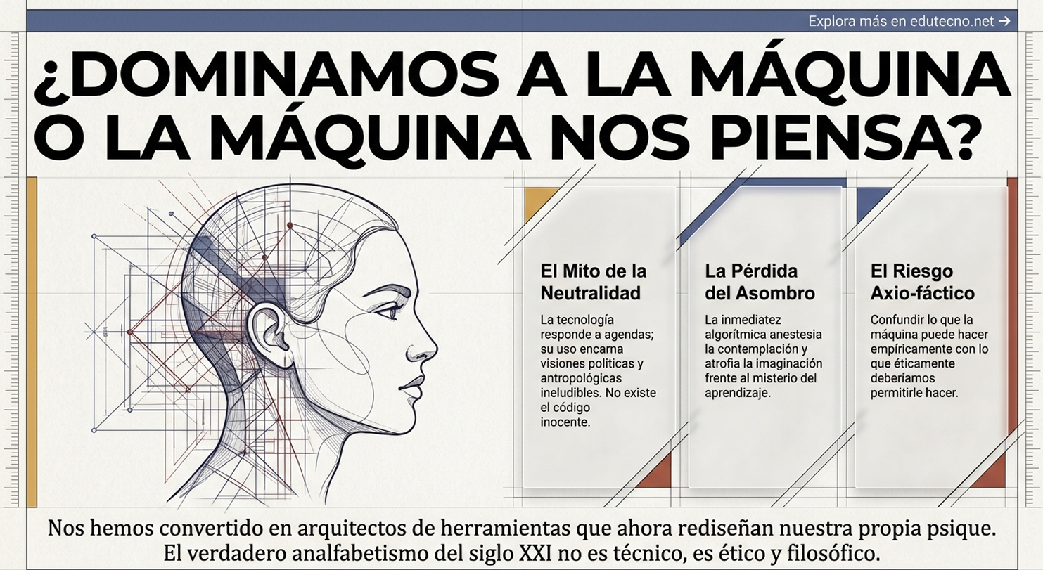 Ilustración de una cabeza humana con circuitos y gráficos, texto sobre mitos y riesgos de la máquina.