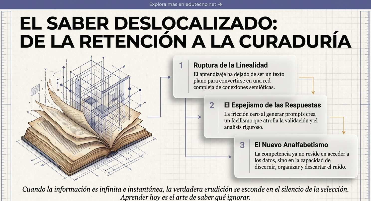 Ilustración de un libro abierto con diagramas y texto sobre deslocalización, retención y curaduría.