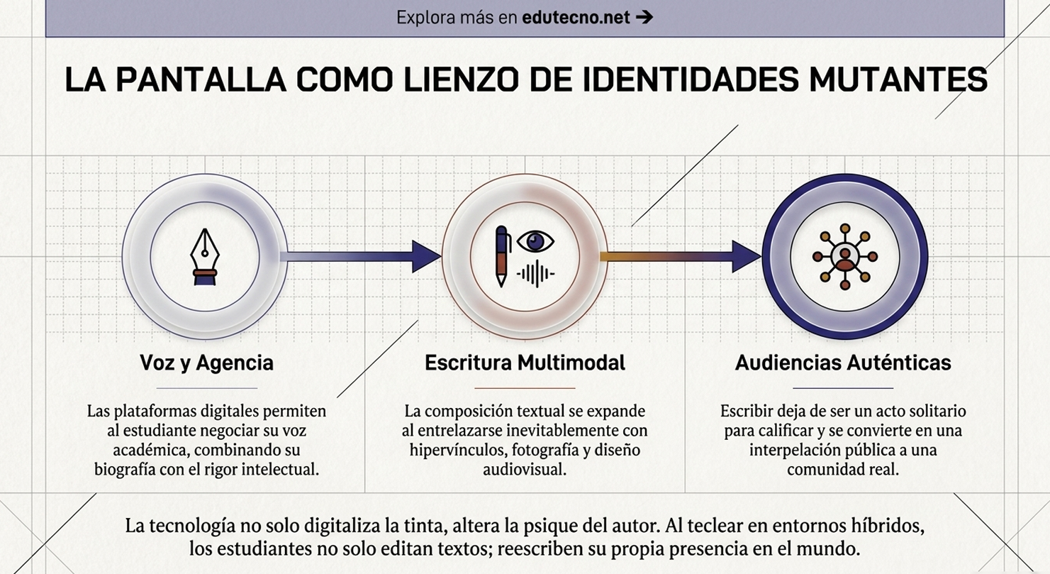 Diagrama con tres círculos conectados: voz y agencia, escritura multimodal y audiencias auténticas, con texto explicativo.