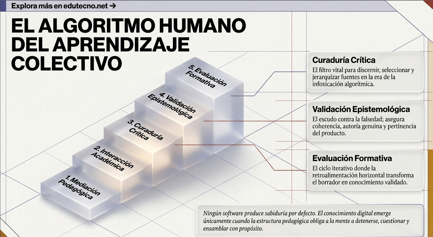 Diagrama 3D con escalones de aprendizaje y textos: curaduría, validación, evaluación, sobre fondo geométrico.