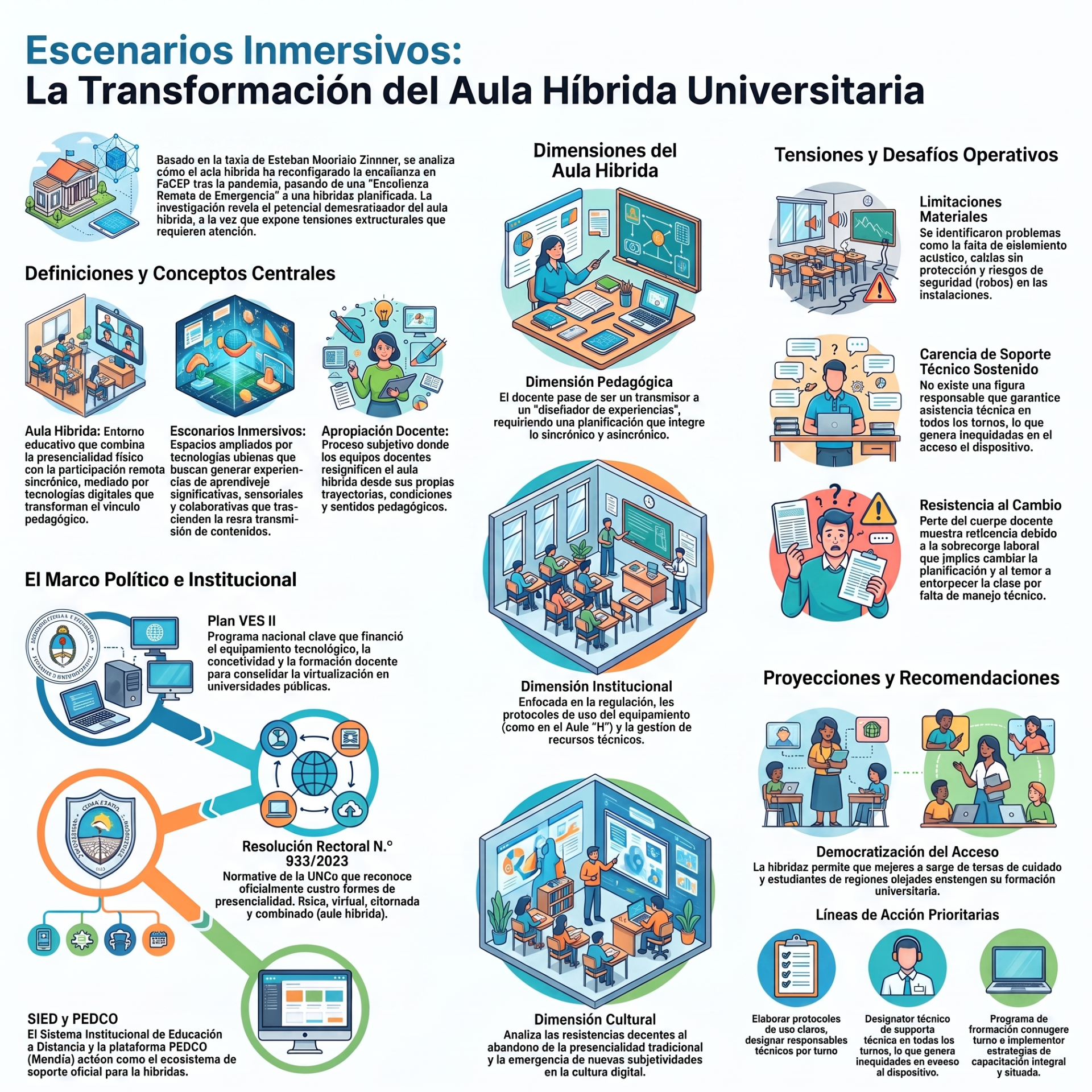 Infografía sobre la transformación del aula híbrida universitaria, con ilustraciones de docentes, estudiantes y desafíos operativos.