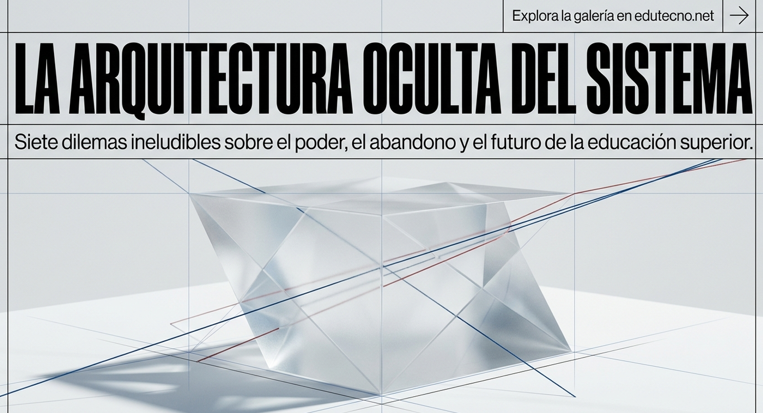 Portada con texto “La arquitectura oculta del sistema” y fondo geométrico blanco con líneas azules y rojas.