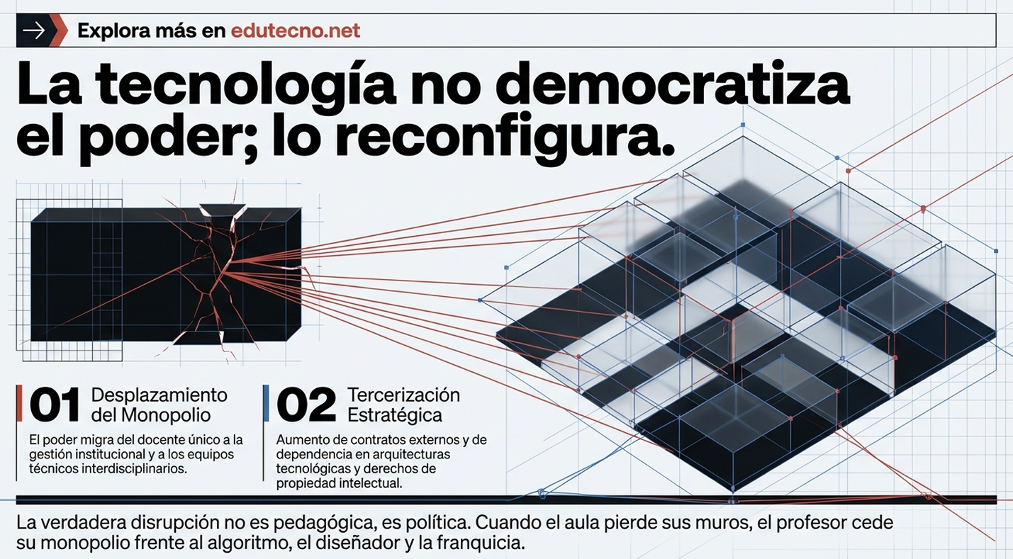 Ilustración tecnológica con texto sobre poder, monopolio y tercerización estratégica, con red de líneas y cubos 3D.