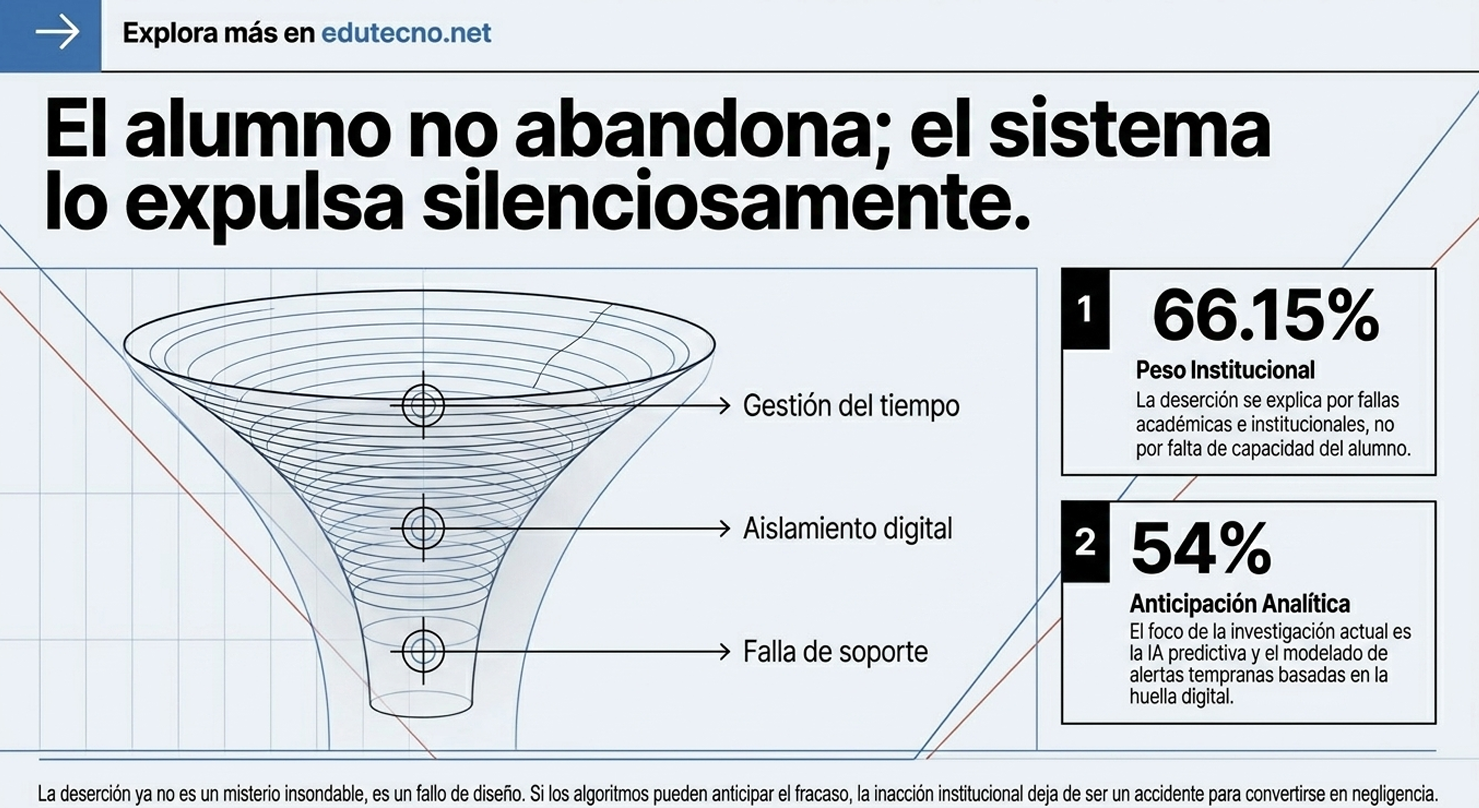 Infografía con embudo de deserción, texto sobre gestión del tiempo, aislamiento digital y fallas de soporte, más porcentajes.
