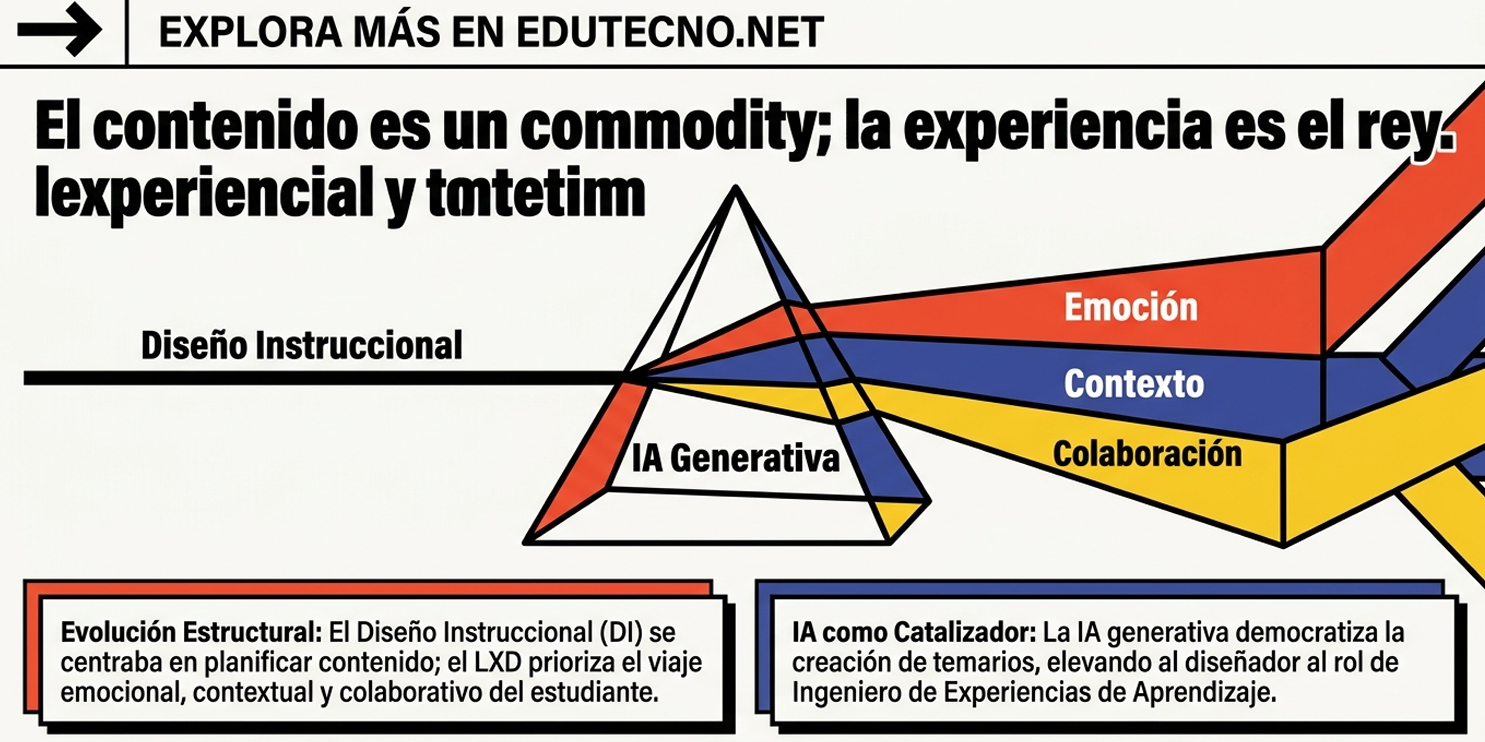 Infografía con pirámide y flechas de colores, texto sobre diseño instruccional, IA generativa, emoción y colaboración.