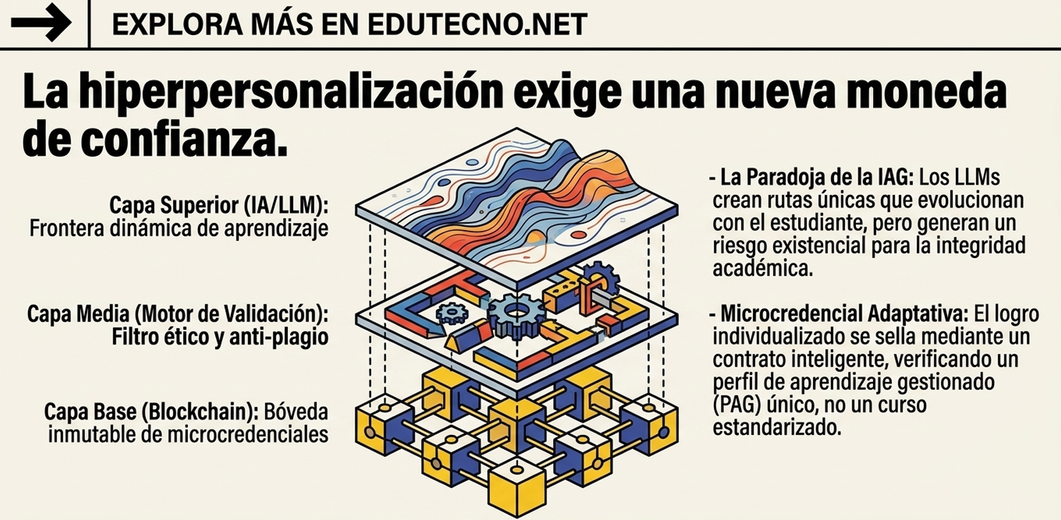 Ilustración isométrica con capas IA, blockchain y microcredenciales, texto sobre confianza y validación académica.