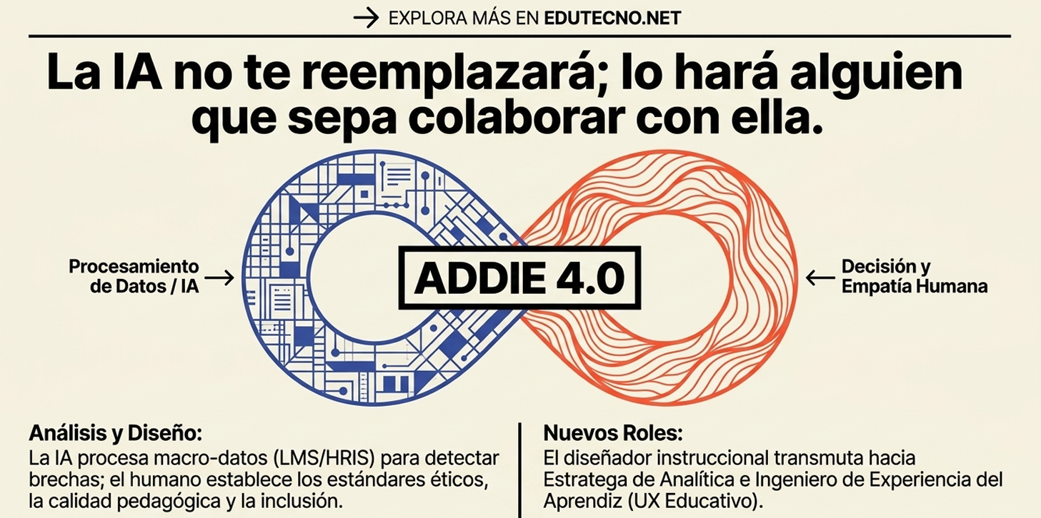 Ilustración educativa con texto sobre IA y ADDIE 4.0, conectando procesamiento de datos y empatía humana.