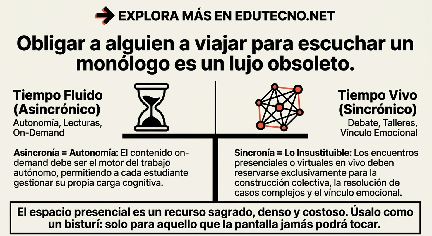 Infografía educativa con texto sobre tiempo fluido y tiempo vivo, comparando asincronía y sincronía con gráficos.