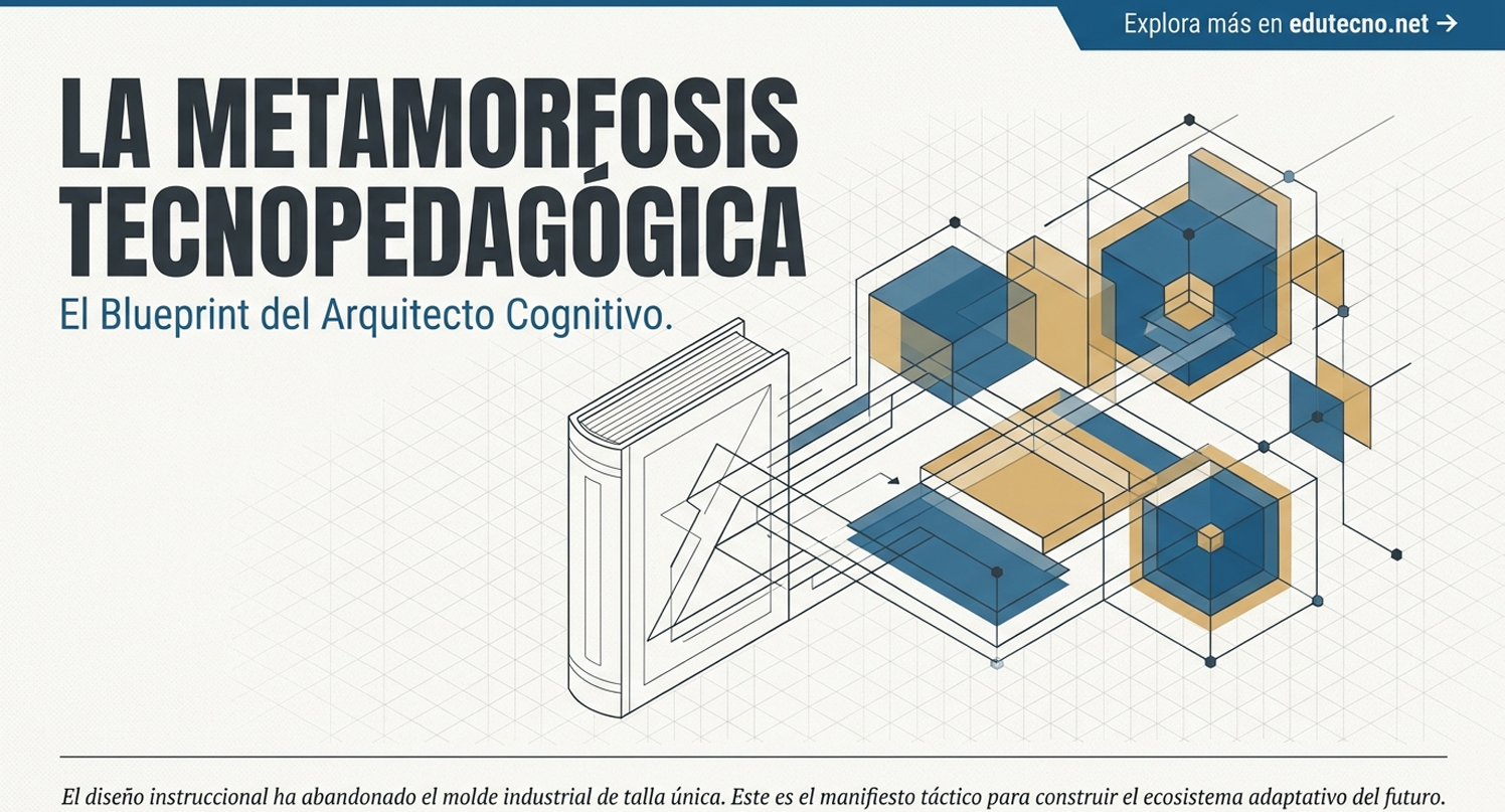 Ilustración futurista con texto “La metamorfosis tecnopedagógica” y diagrama 3D de bloques azules y beige.