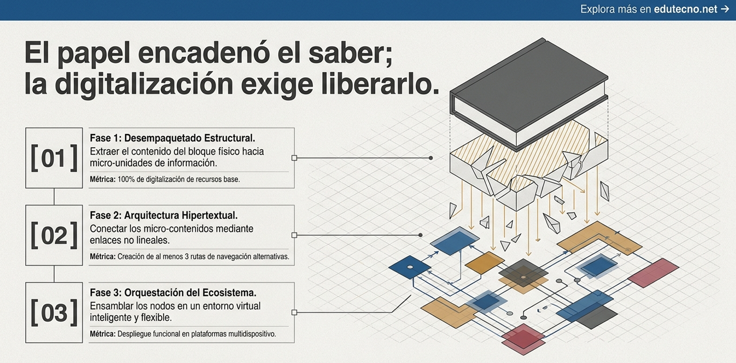 Ilustración 3D de un servidor con documentos flotantes y fases numeradas de digitalización en un diagrama.