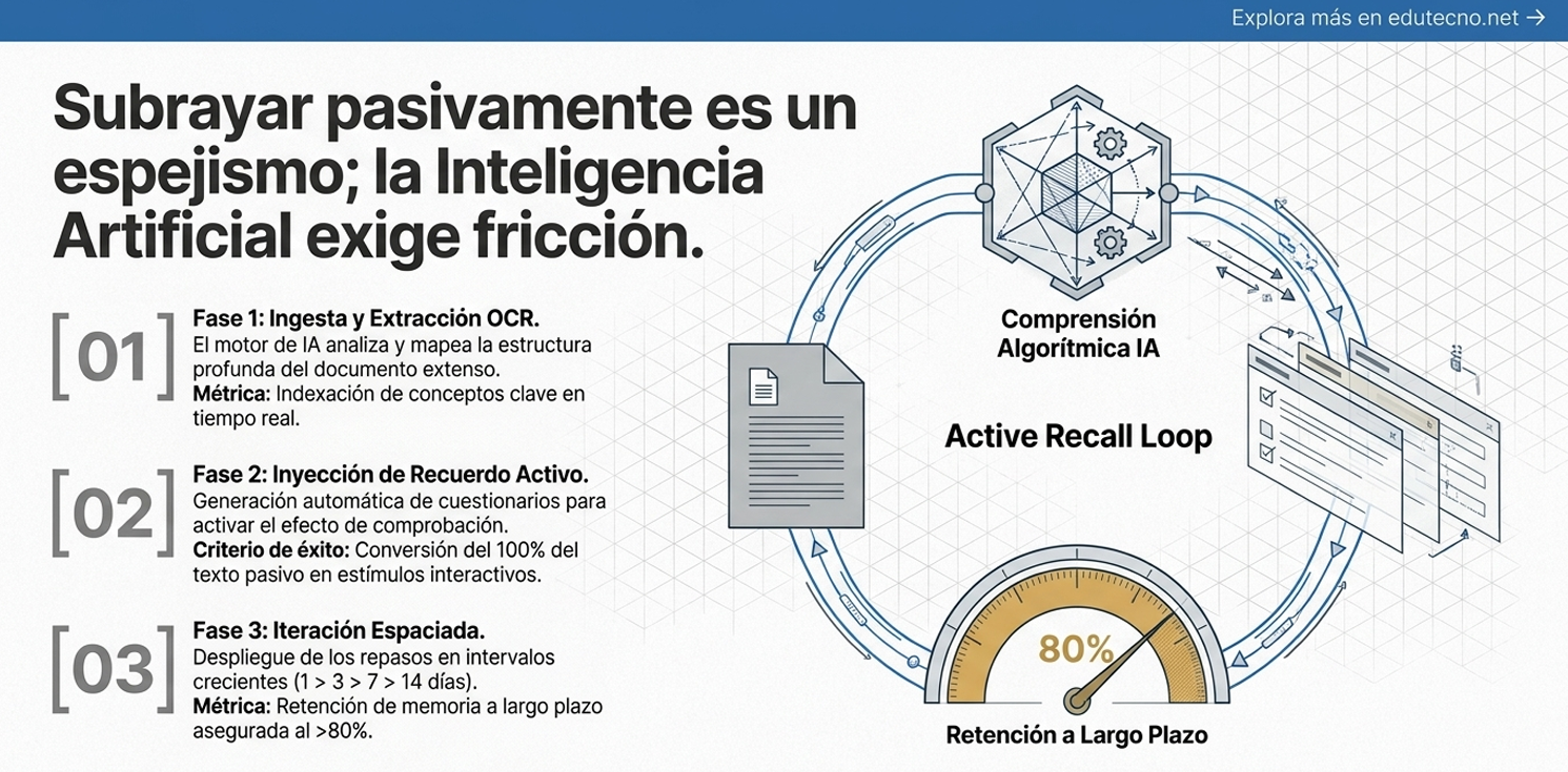 Diagrama sobre IA y aprendizaje: OCR, recall activo, comprensión algorítmica y retención a largo plazo.