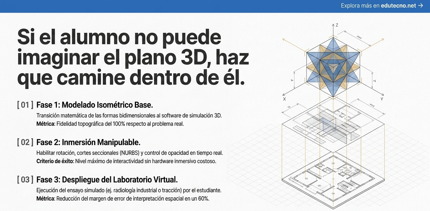 Diagrama 3D con estructura geométrica transparente sobre planos de laboratorio, con texto explicativo en español.