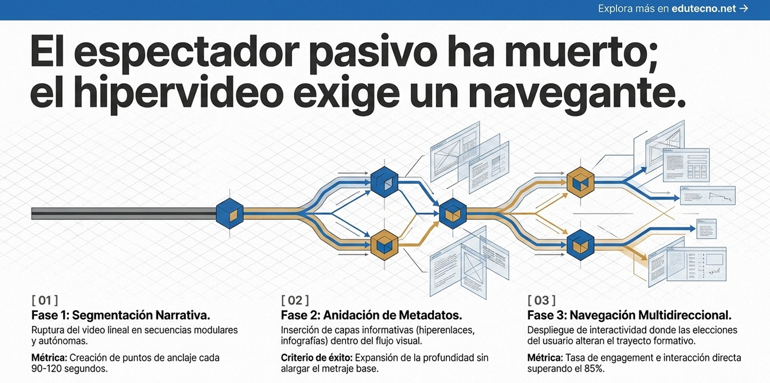Infografía sobre hipervideo navegante con diagrama de flujo y fases, texto y métricas en pantalla.