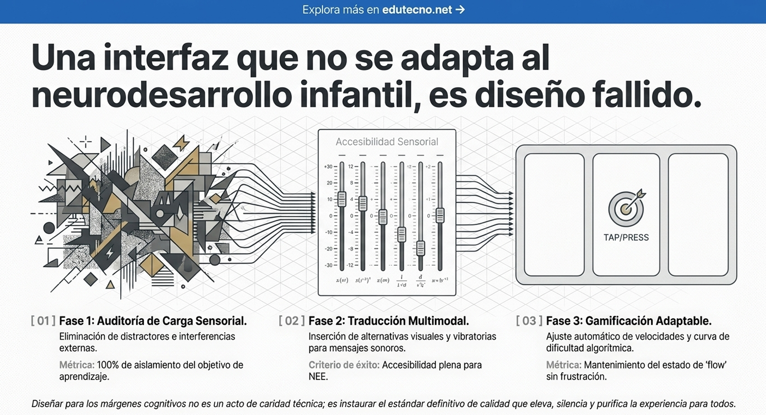 Ilustración con interfaz sensorial, gráficos y tres pantallas, texto sobre accesibilidad y neurodesarrollo infantil.