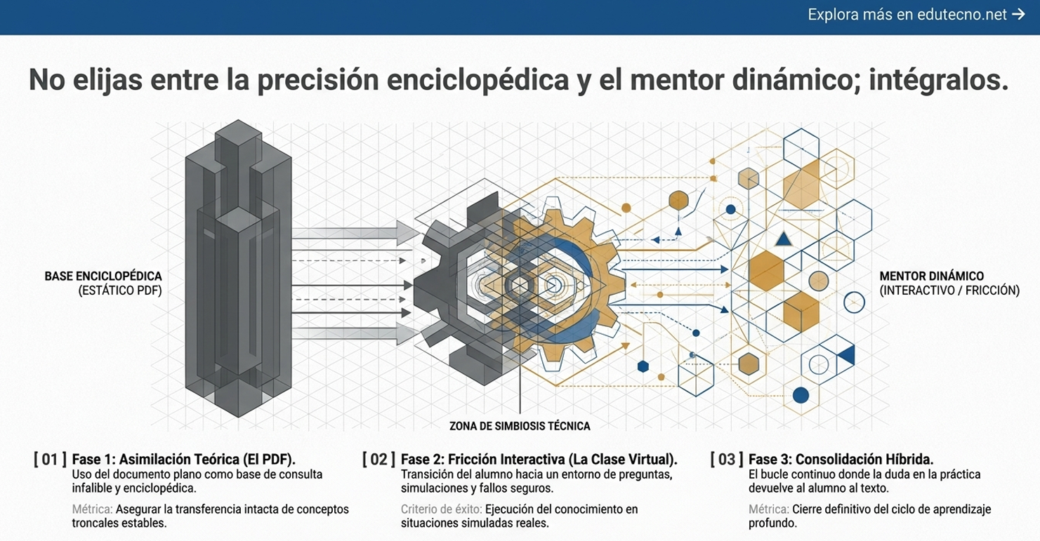 Ilustración con engranaje central, cubos y flechas, comparando base enciclopédica estática y mentor dinámico interactivo.