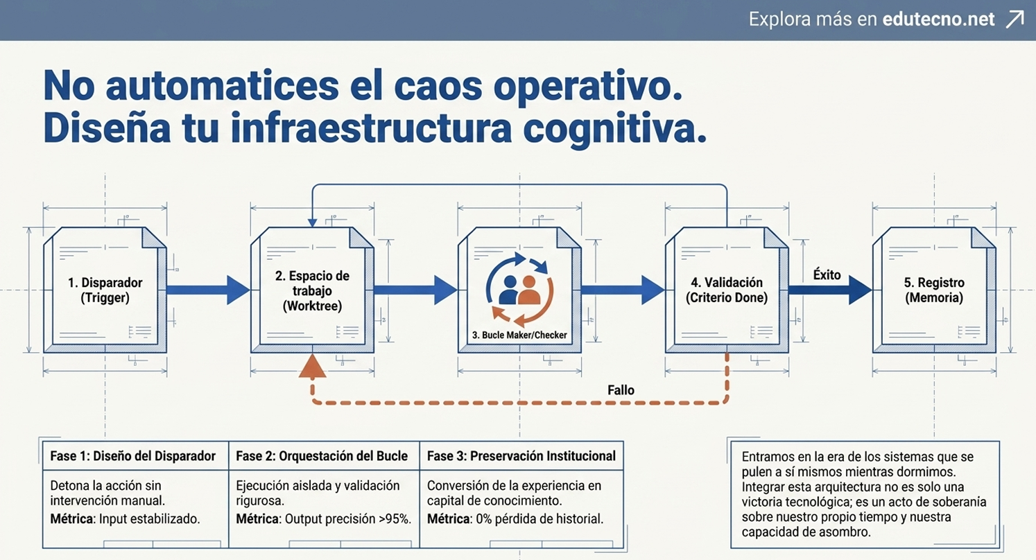 Diagrama con cinco fases de flujo, cajas numeradas y texto sobre infraestructura cognitiva y automatización del caos.