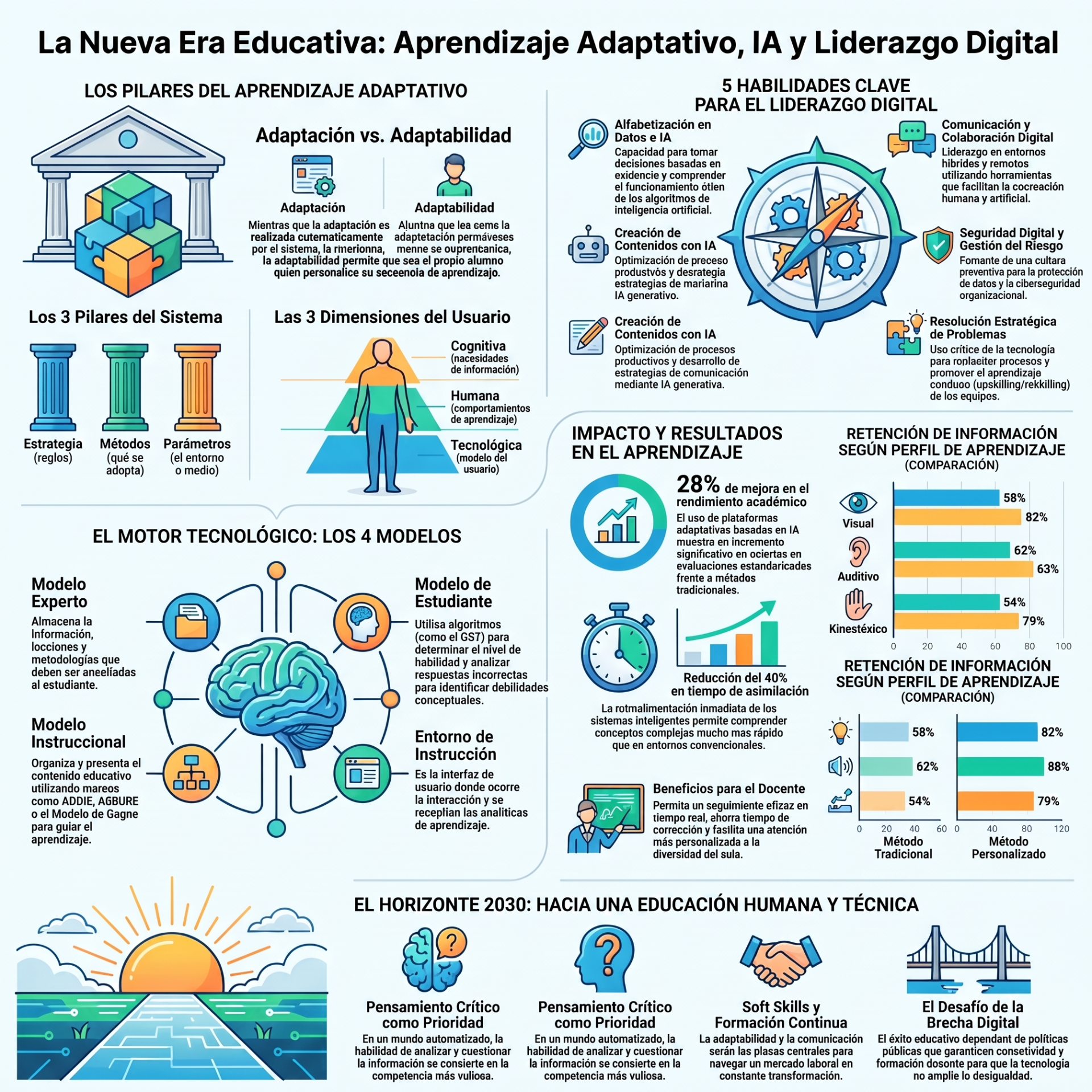 Infografía educativa sobre aprendizaje adaptativo, IA y liderazgo digital, con gráficos, íconos y barras comparativas.