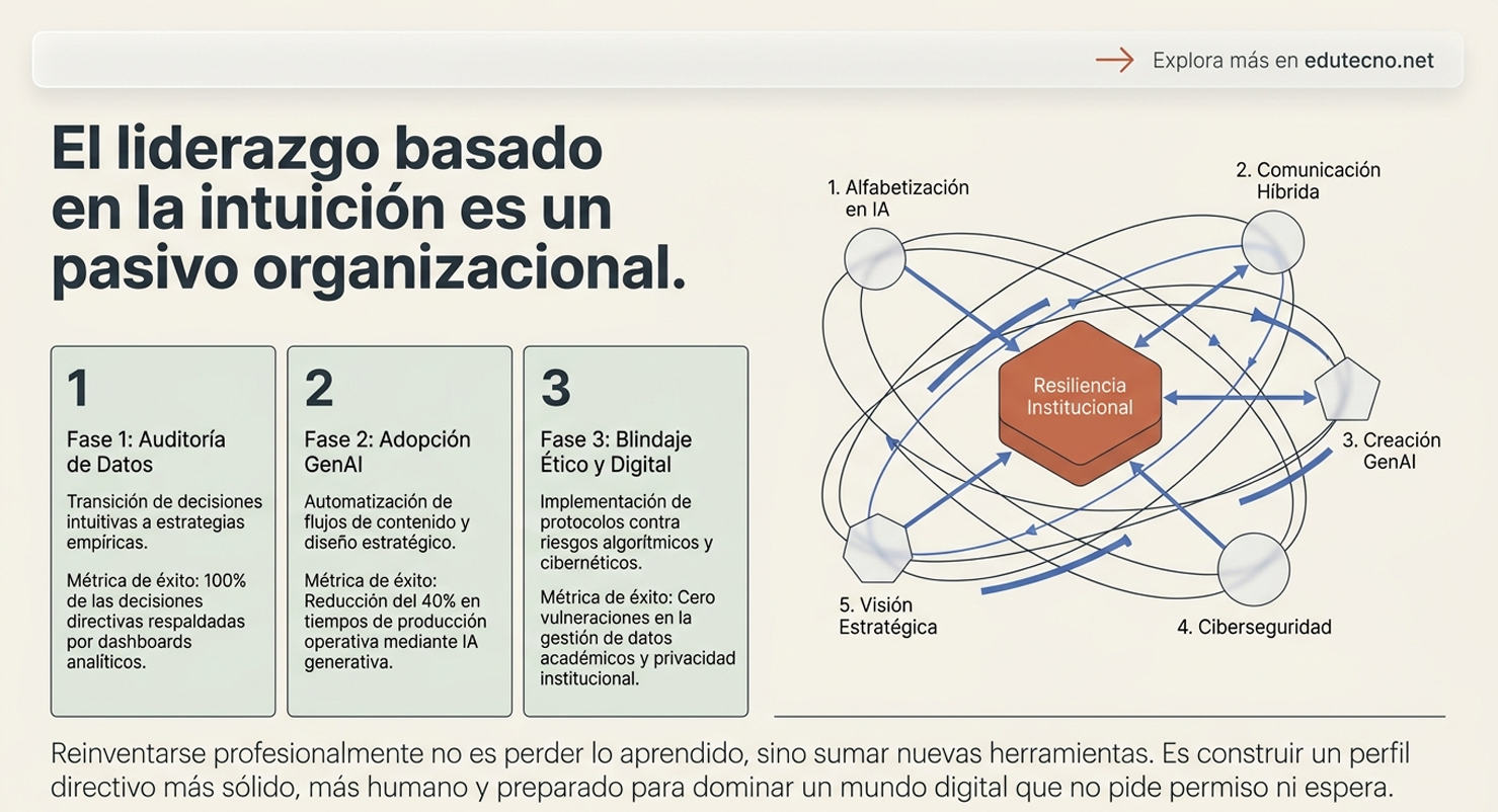 Infografía sobre liderazgo e IA: fases numeradas y diagrama con resiliencia institucional, comunicación híbrida y ciberseguridad.