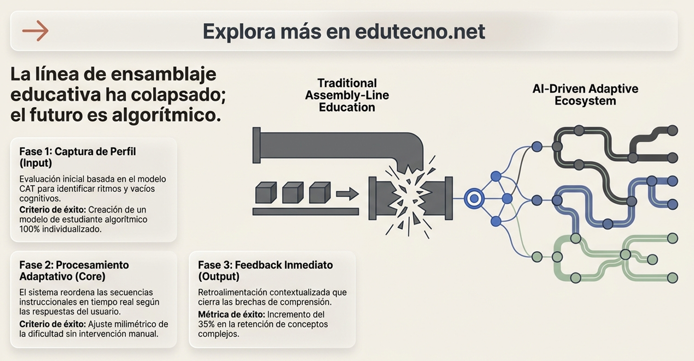 Infografía educativa con texto “Explora más en edutecno.net” y diagrama de ensamblaje tradicional vs ecosistema adaptativo con IA.