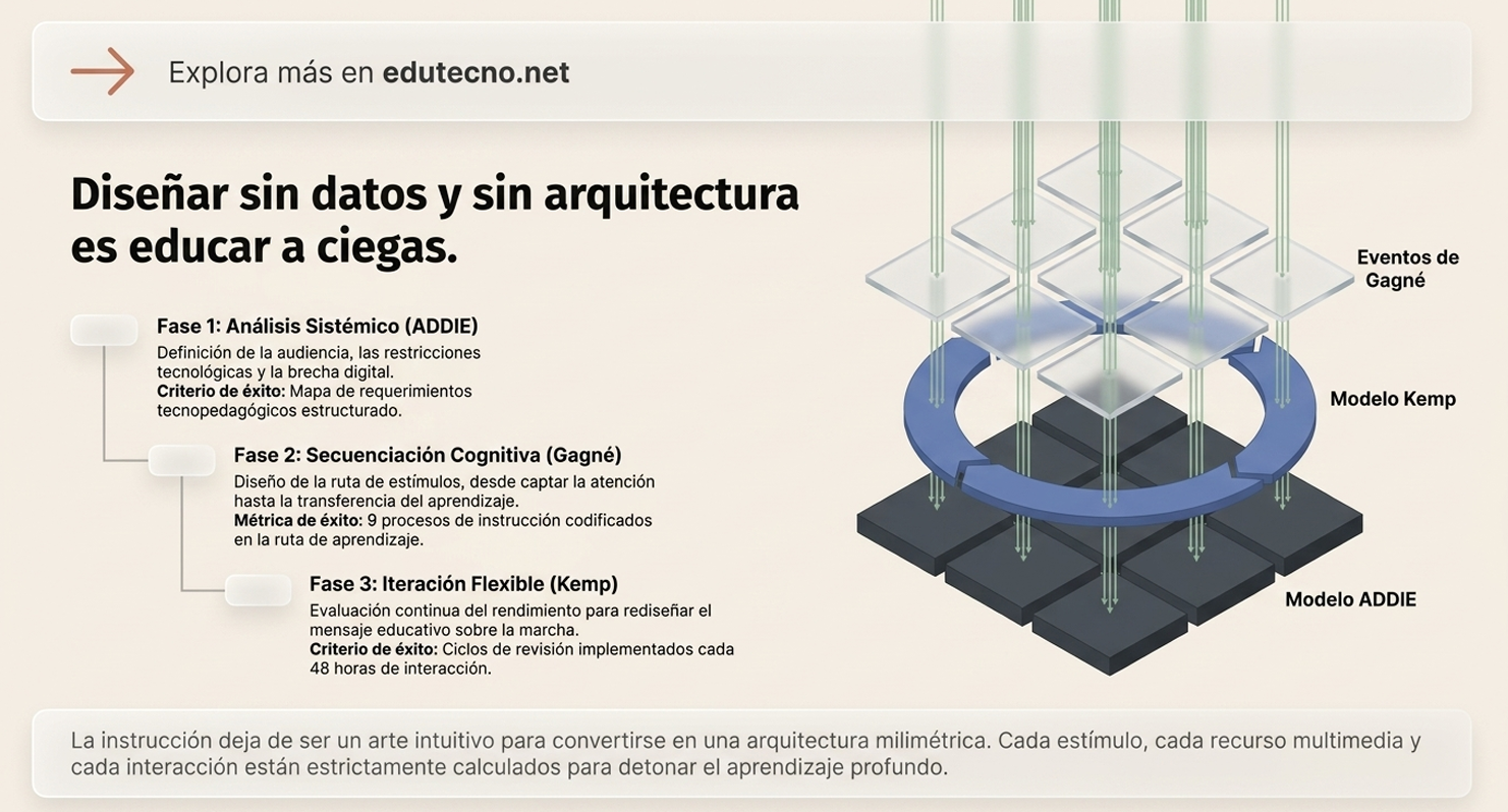 Infografía con texto sobre modelos ADDIE y Gagné, y diagrama 3D de nodos conectados.