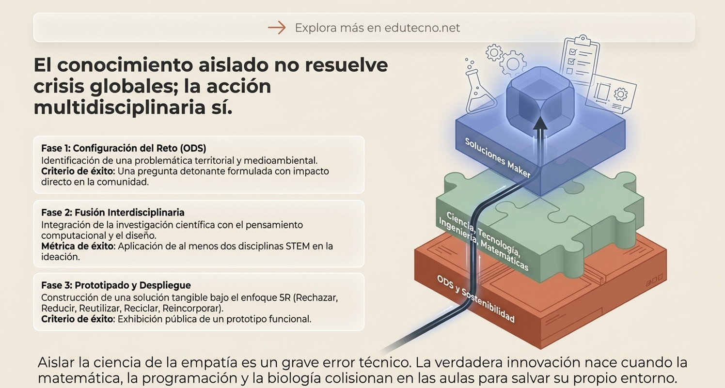 Ilustración con cubos apilados y texto sobre acción multidisciplinaria, fases y disciplinas STEM para ODS.