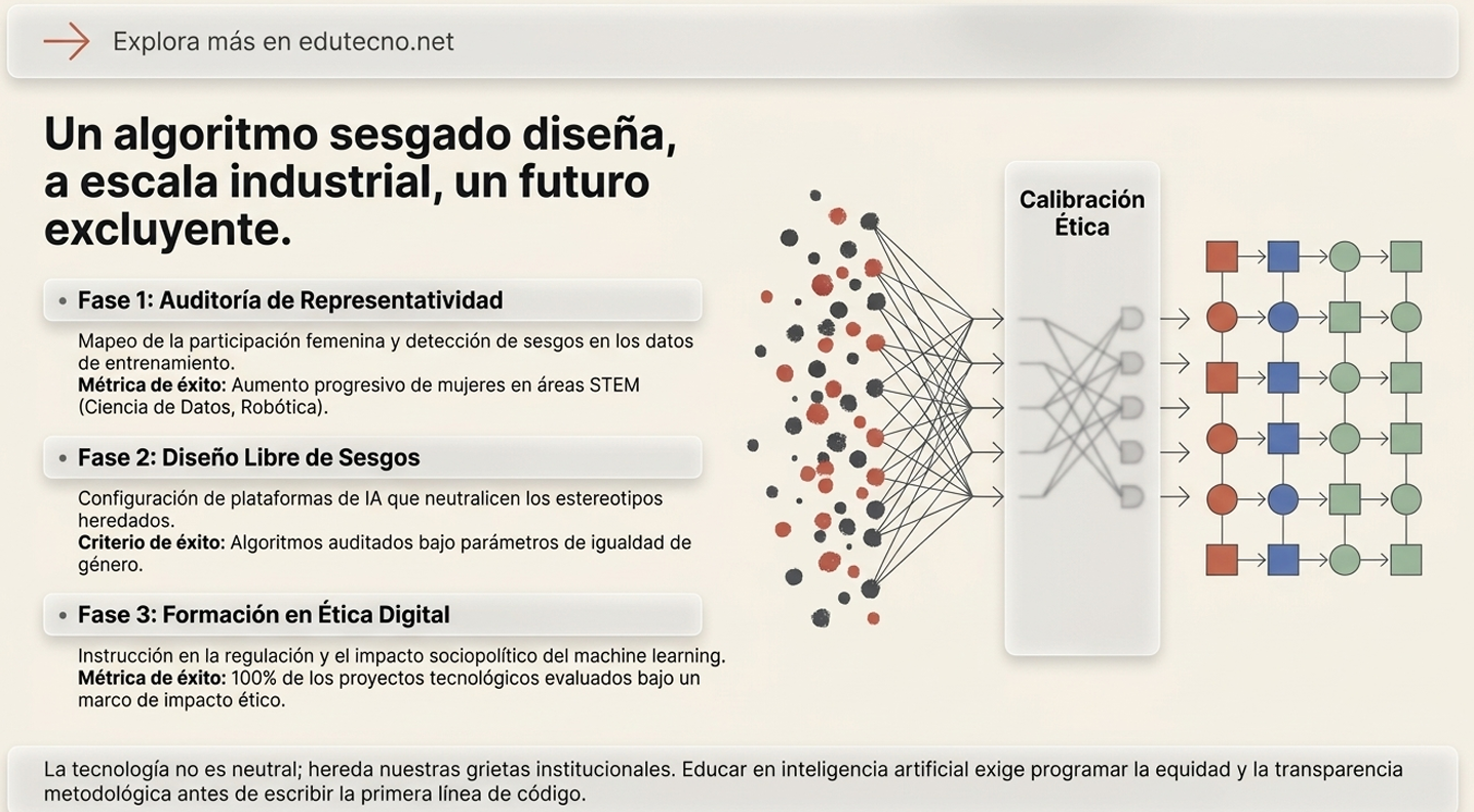 Diagrama educativo sobre algoritmo sesgado: auditoría, diseño ético y calibración con nodos y colores.