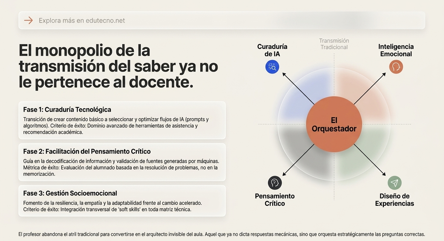 Infografía educativa con texto sobre IA, fases de aprendizaje y diagrama central “El Orquestador”.