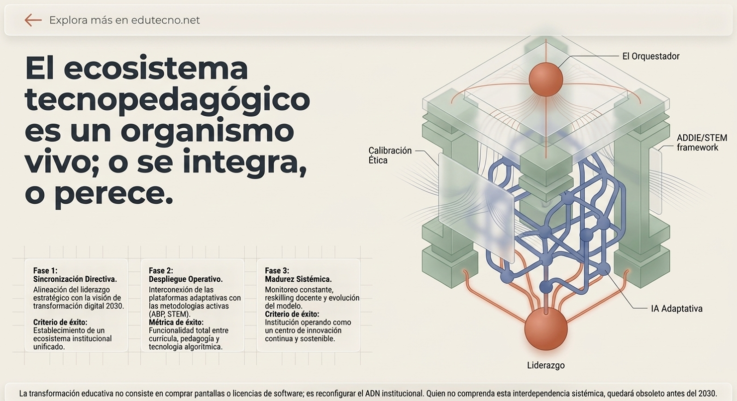 Ilustración sobre ecosistema tecnopedagógico con diagrama 3D, nodos y texto explicativo en español.