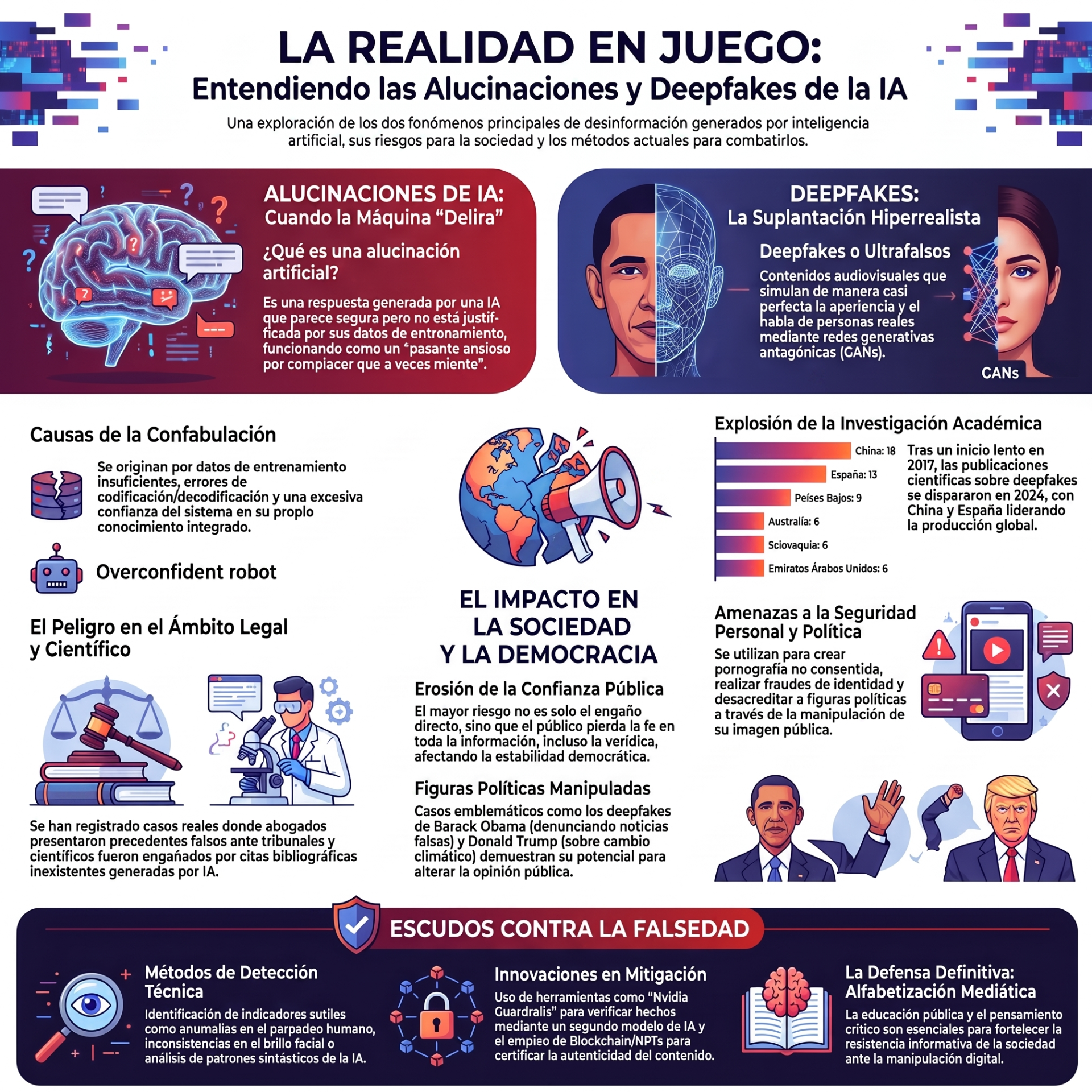 Infografía sobre alucinaciones y deepfakes de IA, con ilustraciones, texto y gráficos de impacto social.
