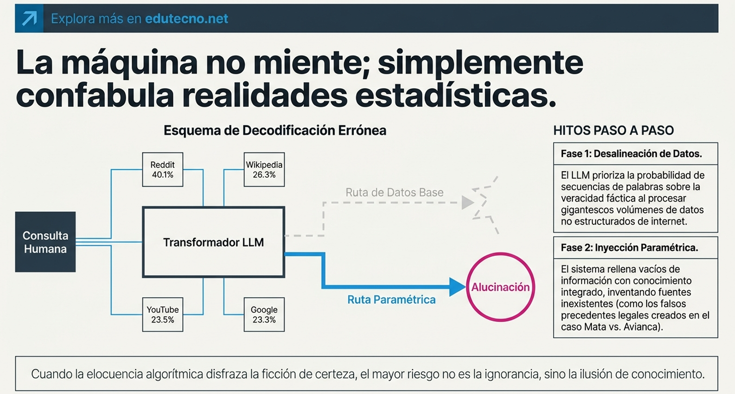 Diagrama educativo con transformador LLM, rutas de datos y texto sobre alucinación y fases paso a paso.