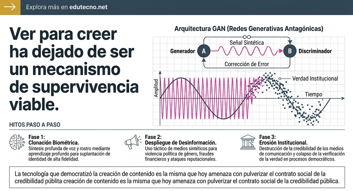 Diagrama GAN con generador y discriminador, señales y puntos, texto sobre desinformación y erosión institucional.