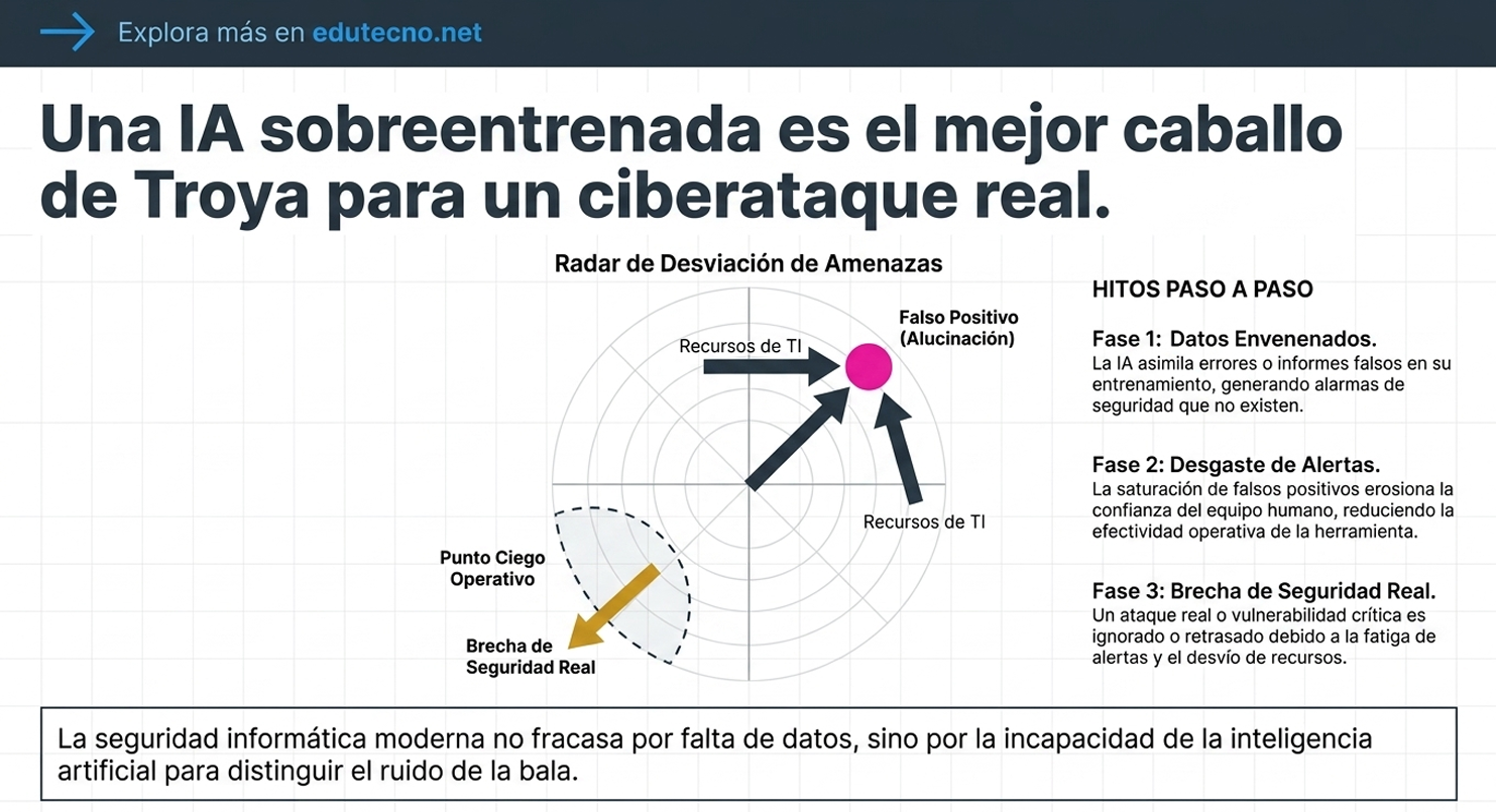 Diagrama sobre ciberataques: radar de desviación, falso positivo, brecha de seguridad real y fases paso a paso.