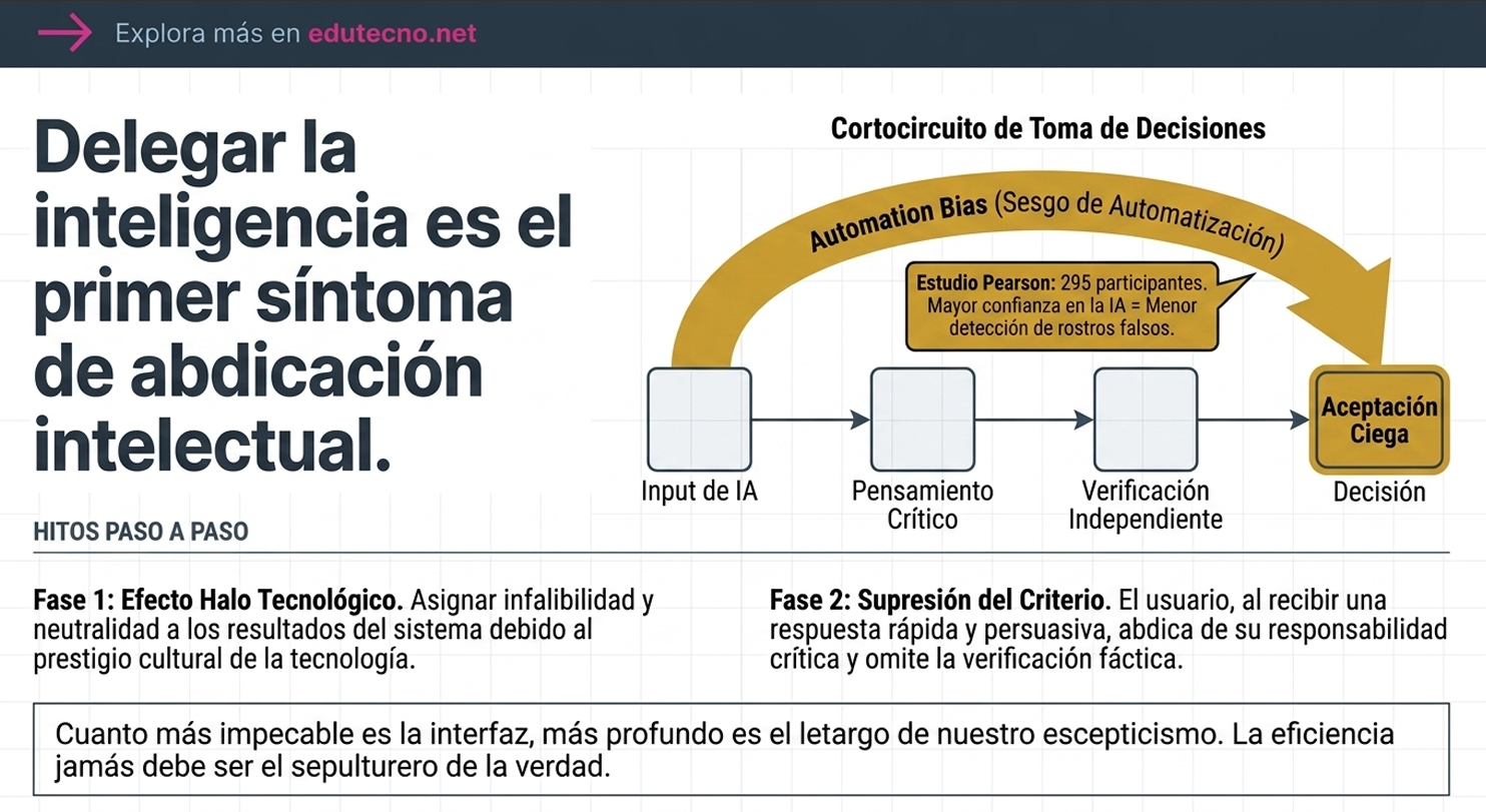 Infografía sobre sesgo de automatización: flujo de IA, pensamiento crítico, verificación y decisión con aceptación ciega.