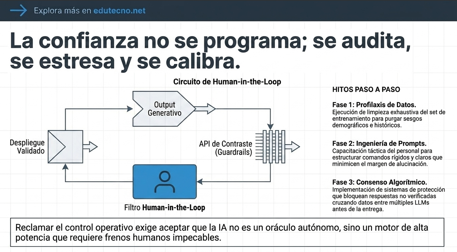 Diagrama técnico con texto sobre circuito Human-in-the-Loop, validación, API de contraste y fases paso a paso.
