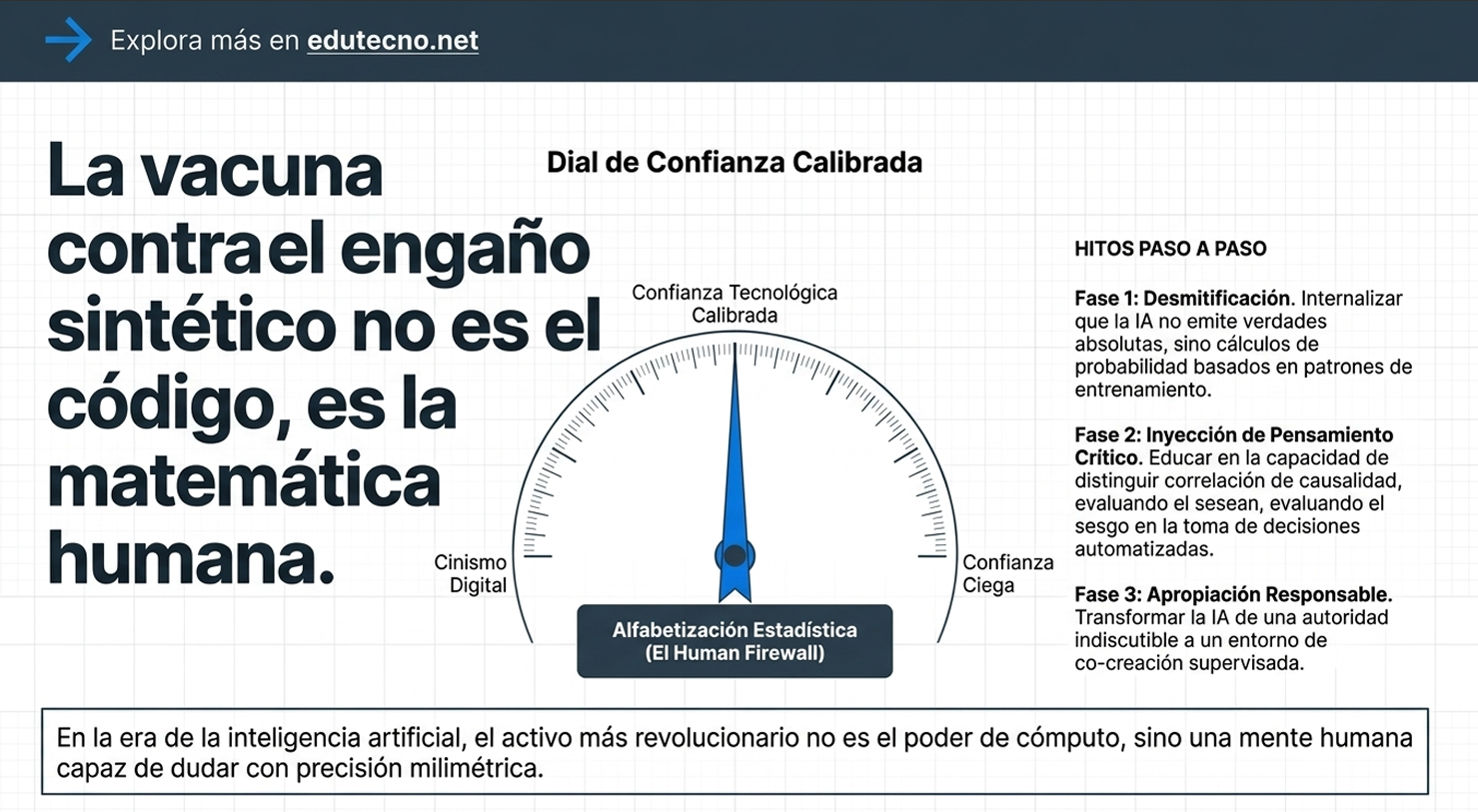 Infografía con texto sobre “La vacuna contra el engaño sintético” y un dial “Dial de Confianza Calibrada”.