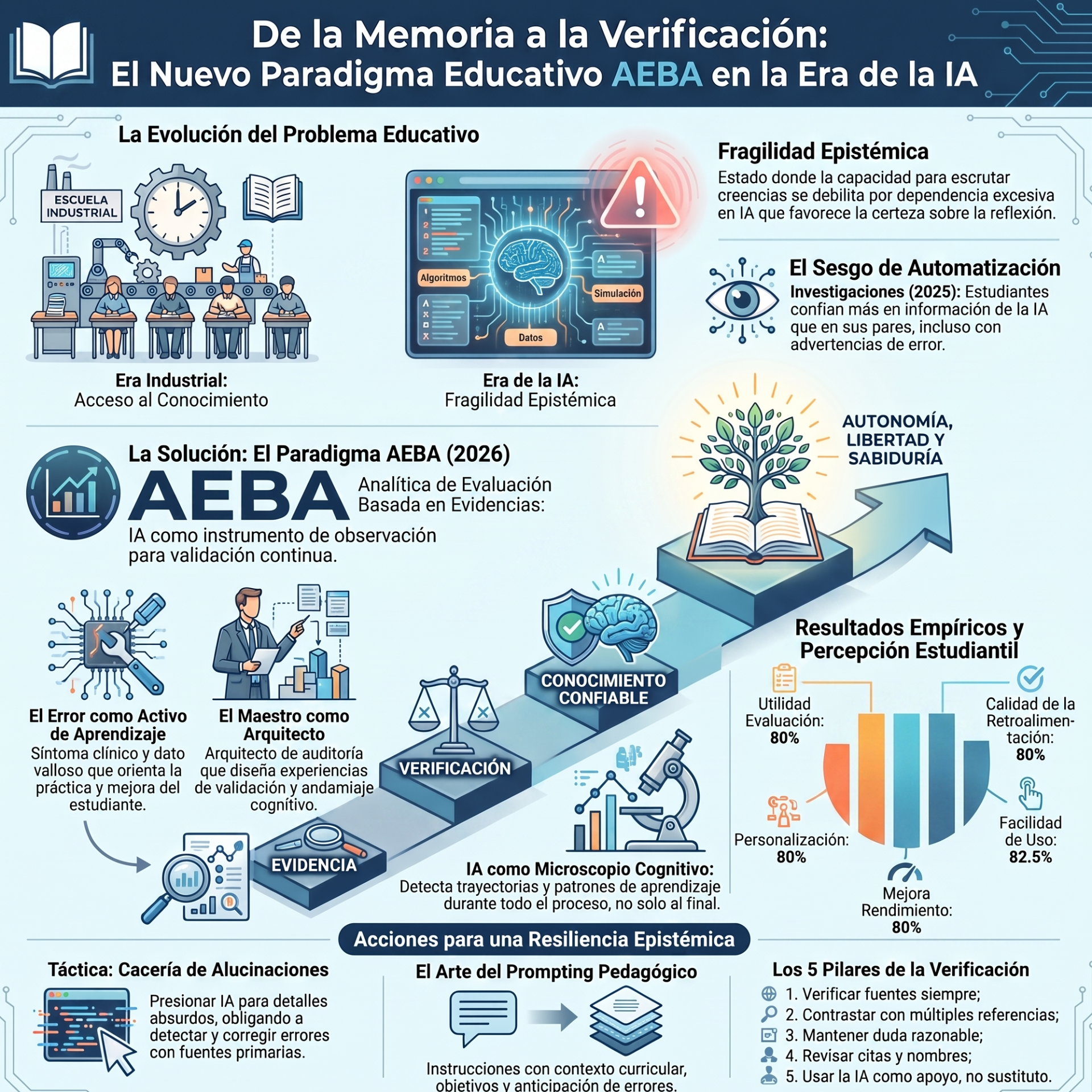 Infografía educativa sobre AEBa y verificación con iconos de IA, cerebro, escuela y resultados.
