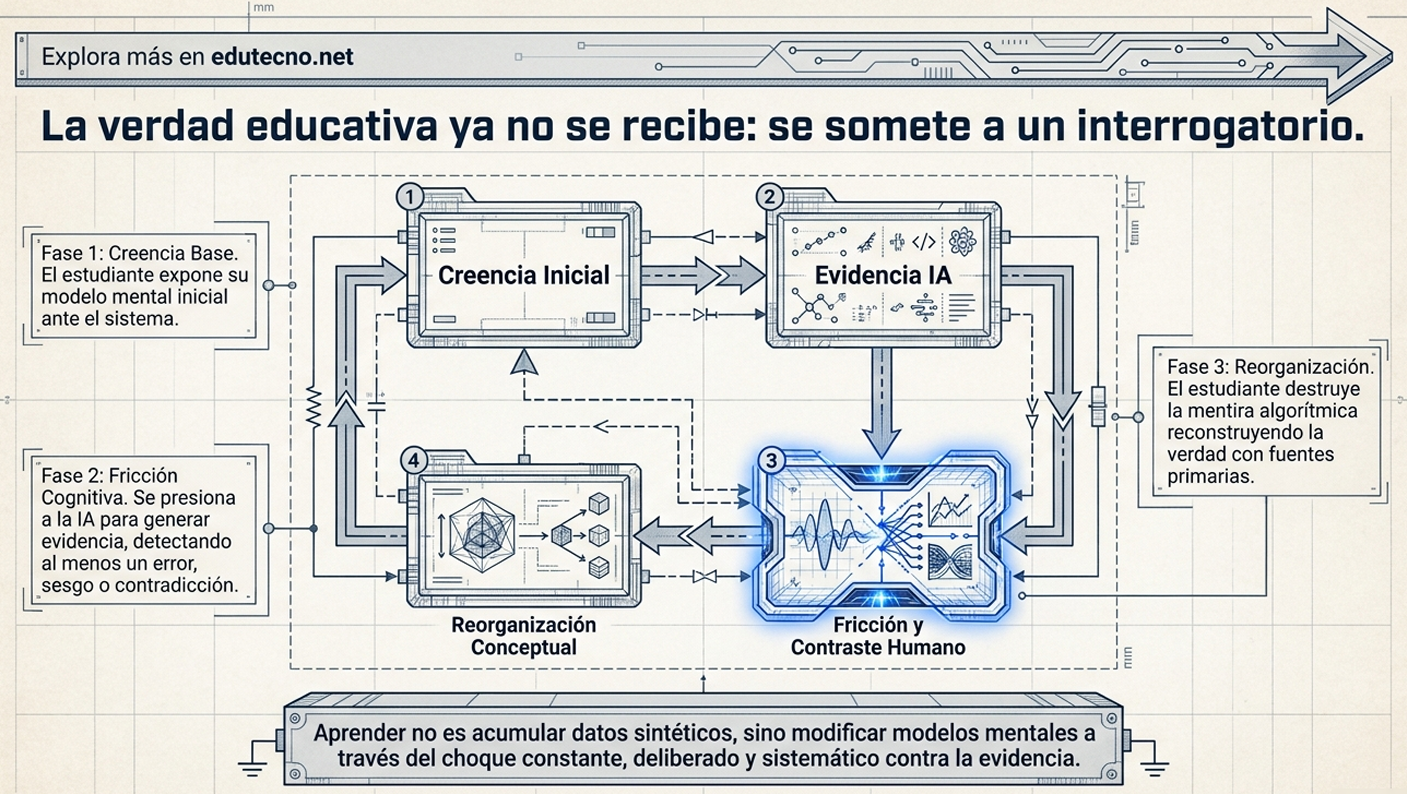 Diagrama educativo con circuitos y tres fases: creencia inicial, evidencia IA, fricción y reorganización conceptual.