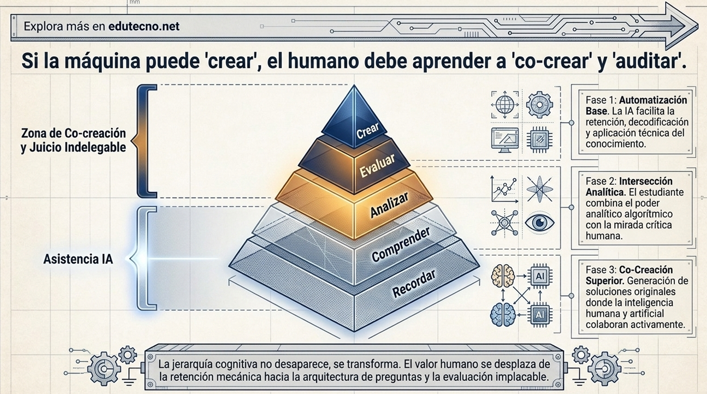 Diagrama educativo con pirámide “Crear, Evaluar, Analizar, Comprender, Recordar” y fases de co-creación.