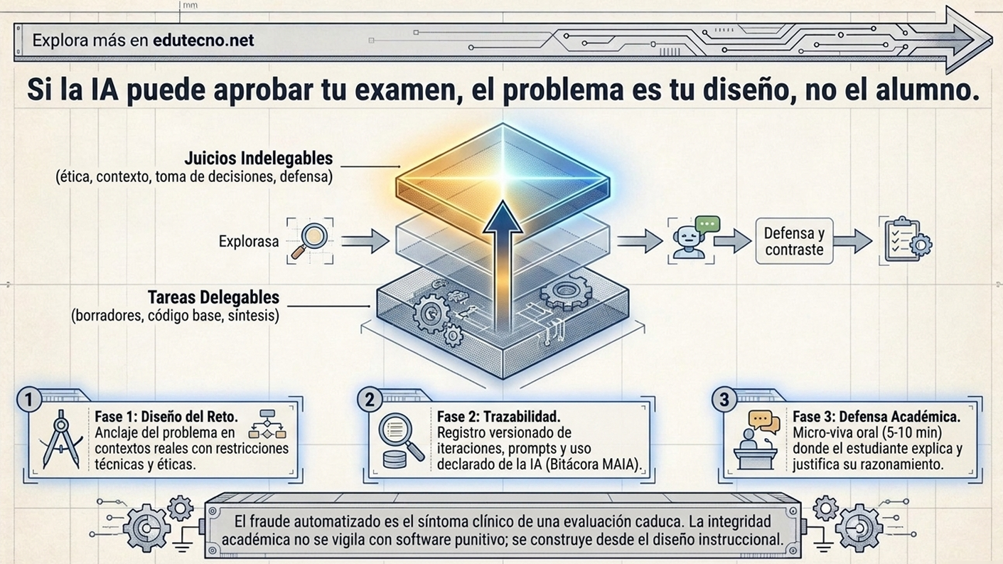 Diagrama educativo con circuito, flechas y fases: juicios indelebles, tareas delegables y defensa académica.