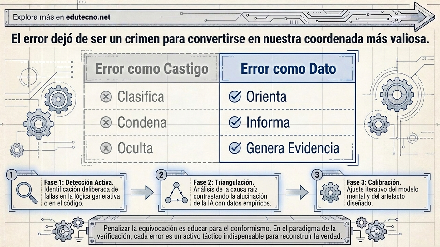 Infografía tecnológica con texto “Error como Castigo” y “Error como Dato”, engranajes y fases de proceso.