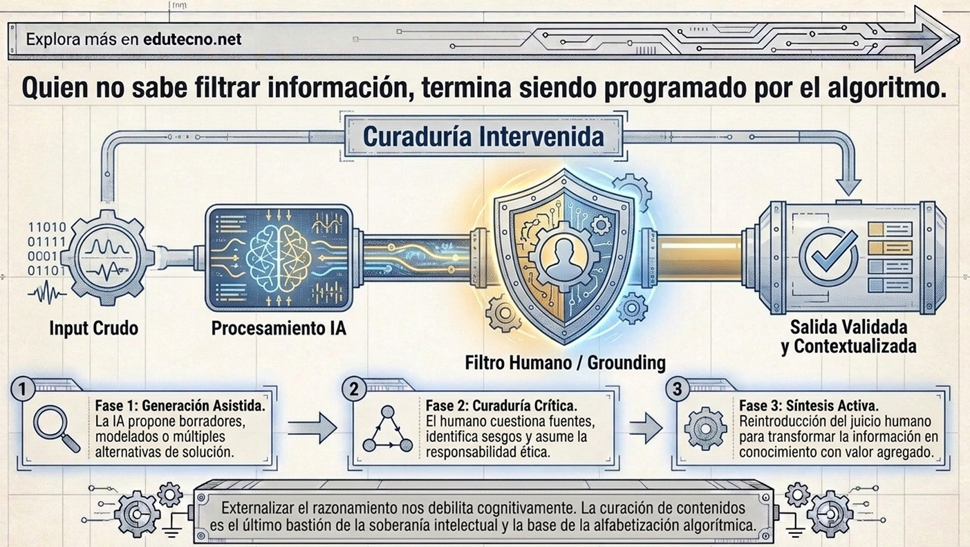 Diagrama tecnológico con “Curaduría Intervenida”, entrada IA, filtro humano y salida validada, con fases numeradas.