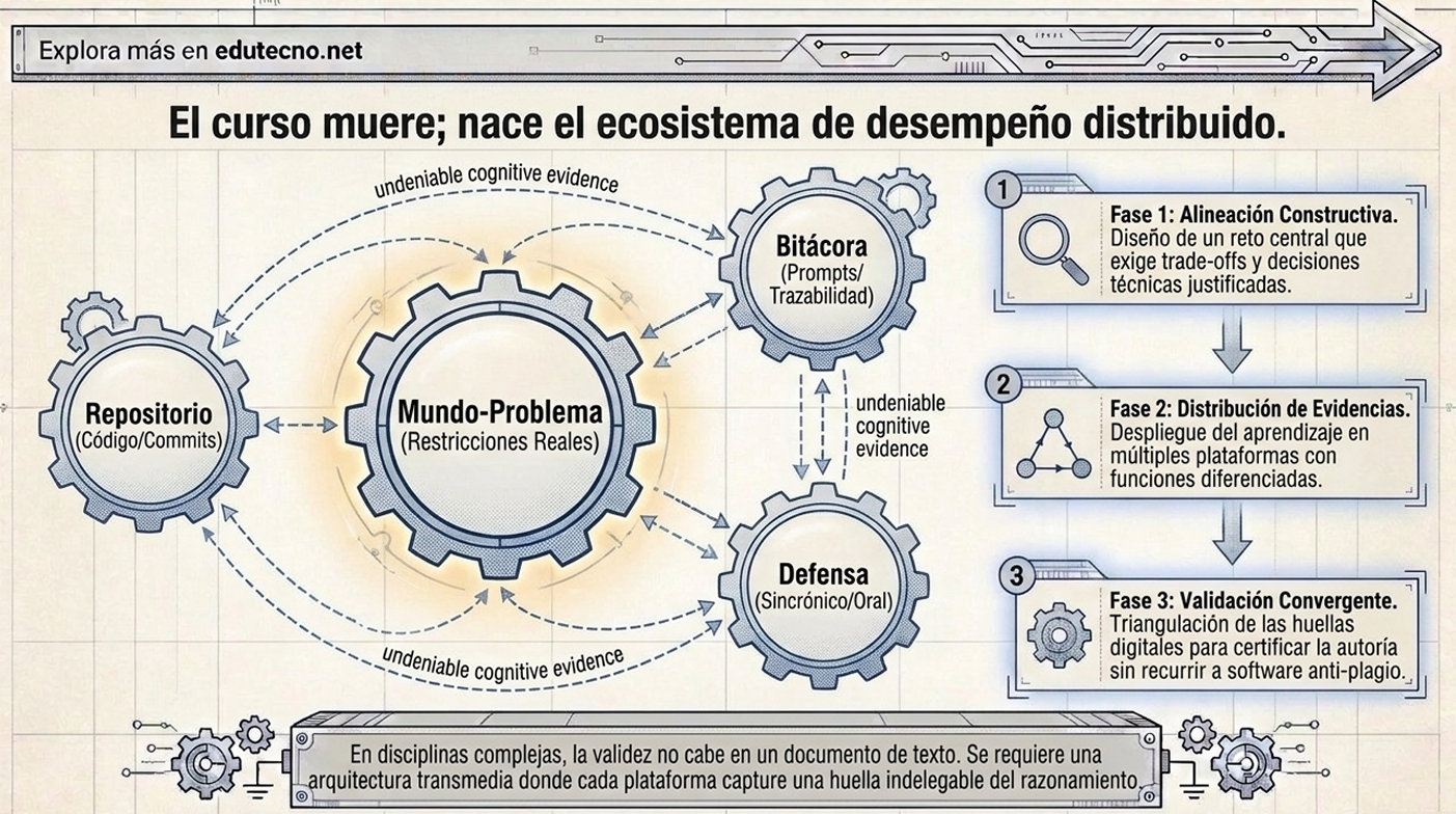 Diagrama tecnológico con engranajes, repositorio, mundo-problema y tres fases de desempeño distribuido.