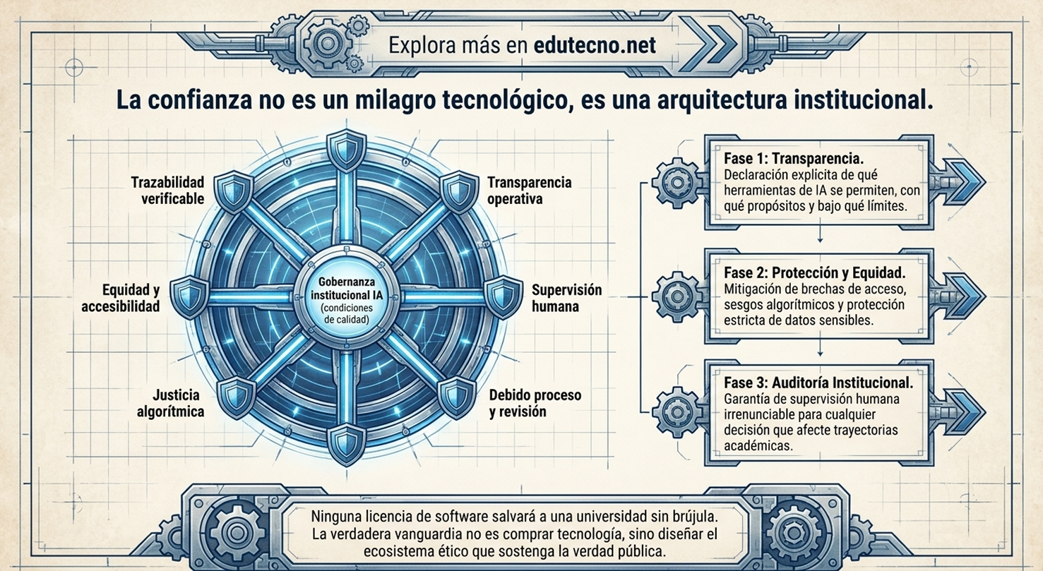 Infografía tecnológica con un emblema circular azul y tres fases: transparencia, protección y auditoría institucional.