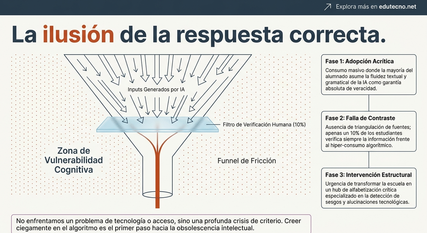 Infografía educativa con texto “La ilusión de la respuesta correcta”, embudo y fases sobre verificación y pensamiento crítico.