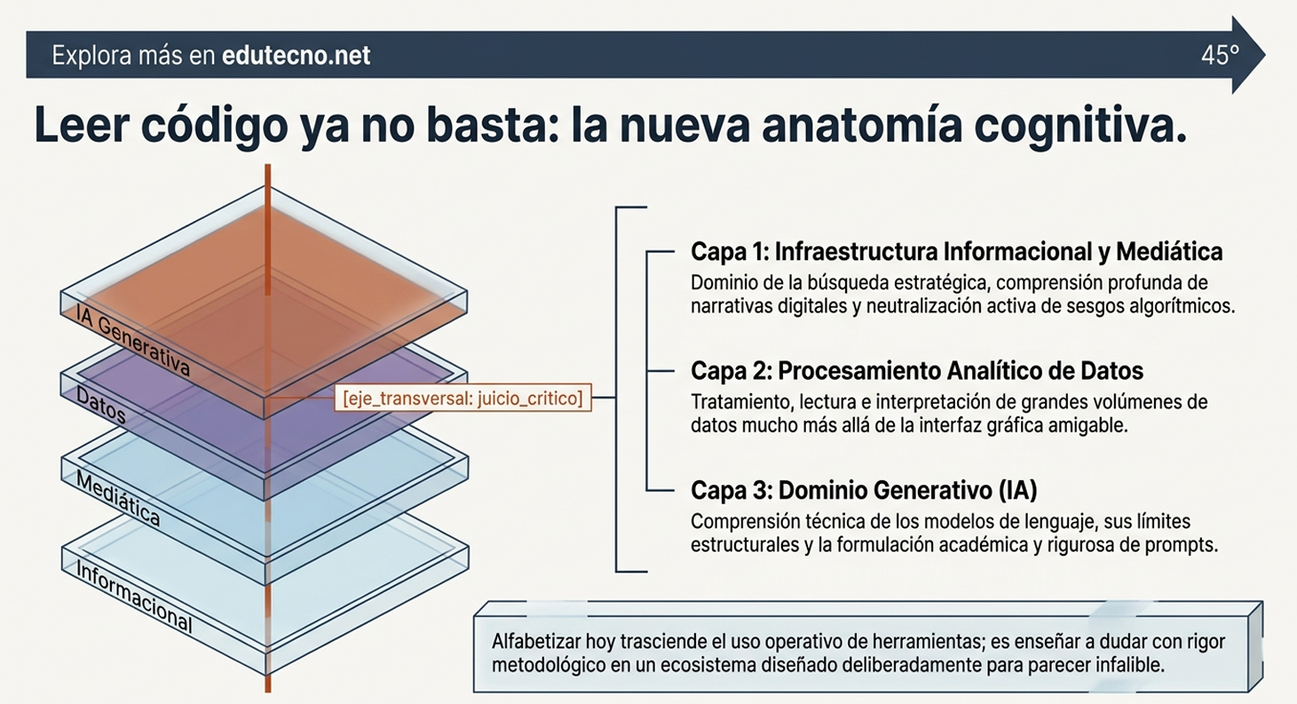 Diagrama en capas de IA con texto sobre infraestructura, procesamiento analítico y dominio generativo, estilo infografía educativa.